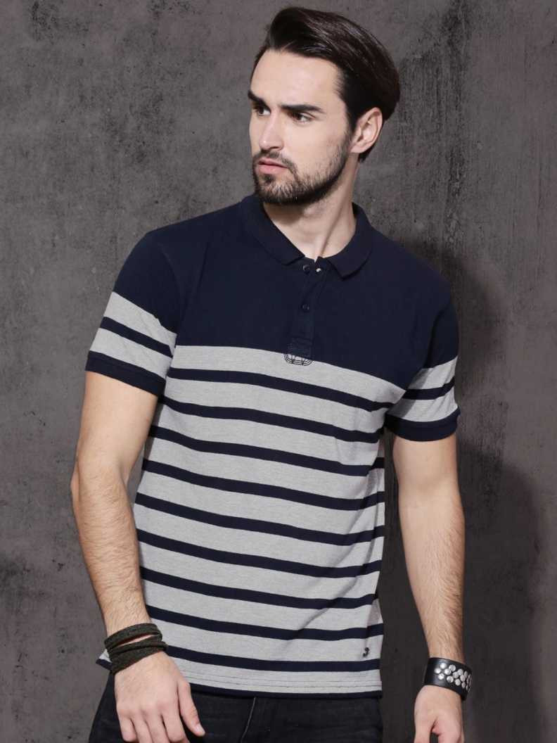 Striped Men Polo Neck Grey T-shirt (XL)
