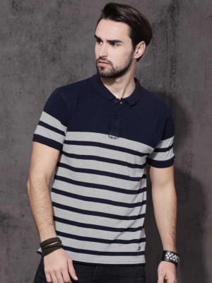 Striped Men Polo Neck Grey T-shirt (XL)